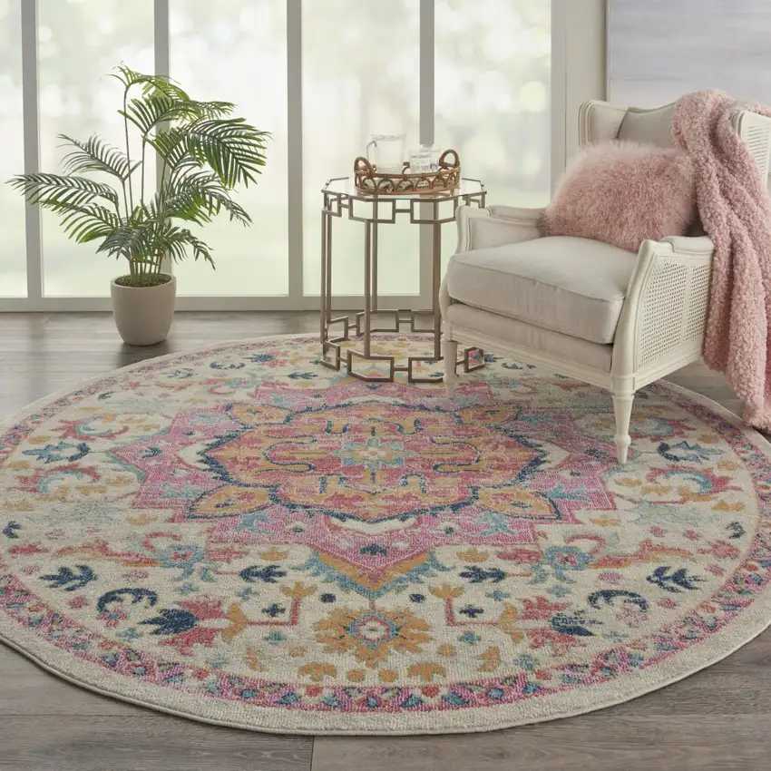 Ivory and Pink Medallion Area Rug Photo 6