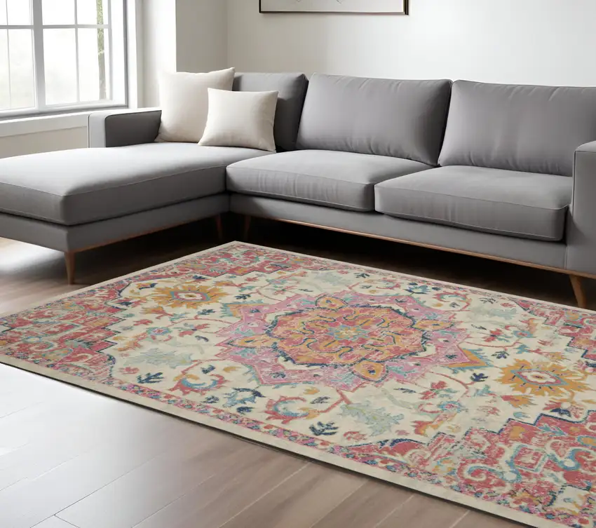 Pink And Ivory Southwestern Distressed Area Rug Photo 1