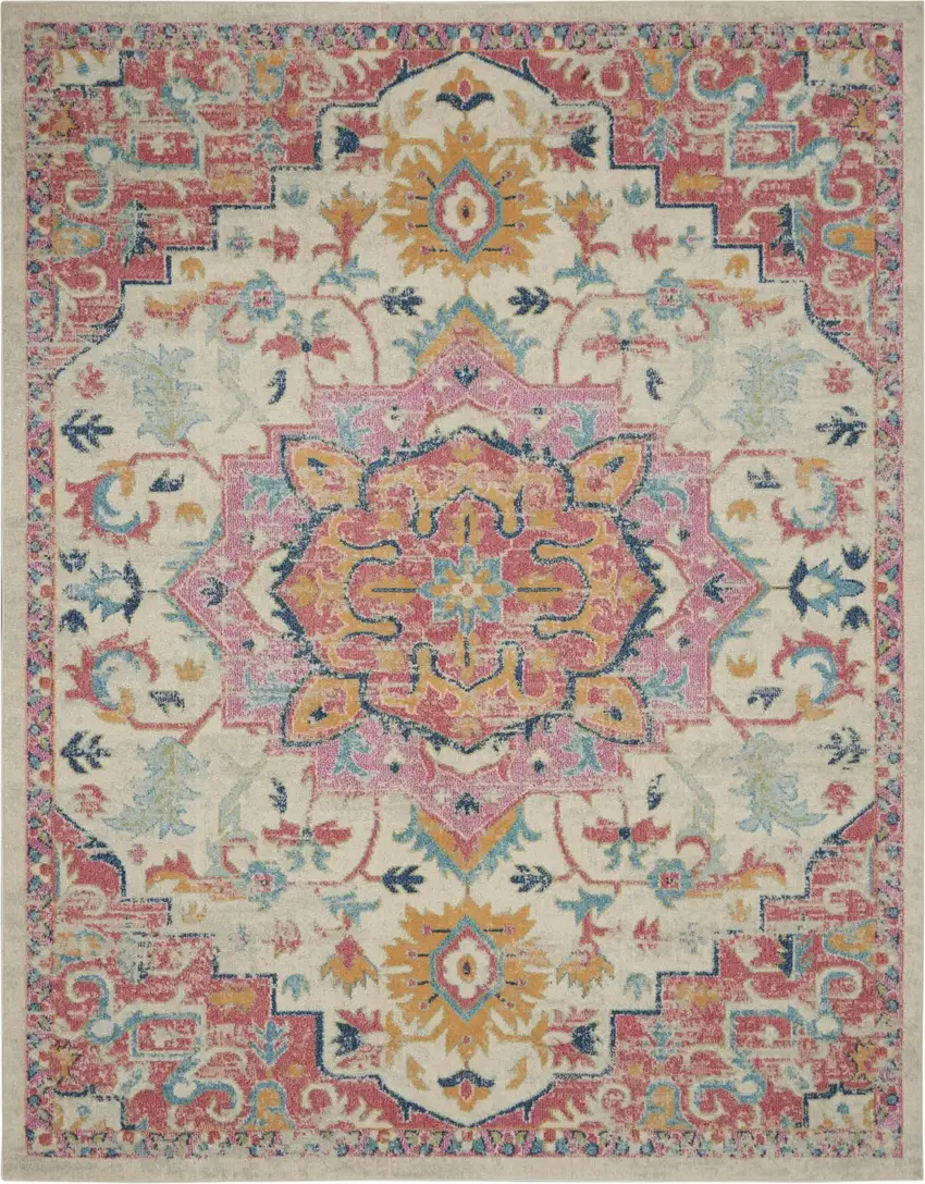 Ivory and Pink Medallion Area Rug Photo 1