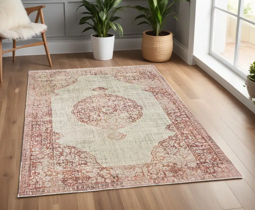 Ivory And Pink Medallion Area Rug Photo 1