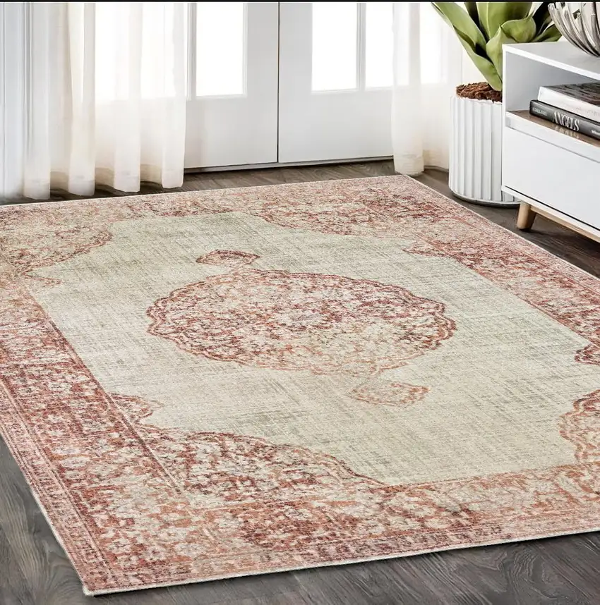 Ivory And Pink Medallion Area Rug Photo 1