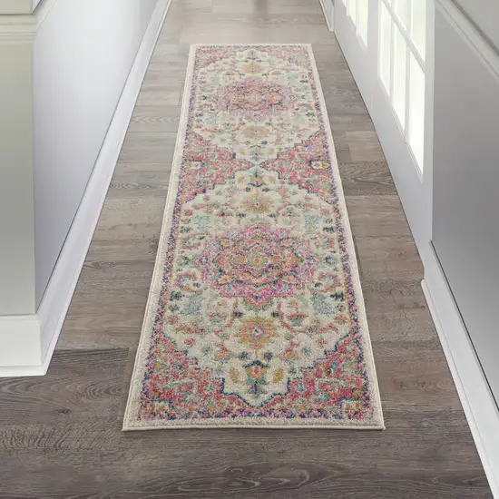 6' Pink And Ivory Southwestern Distressed Runner Rug Photo 9