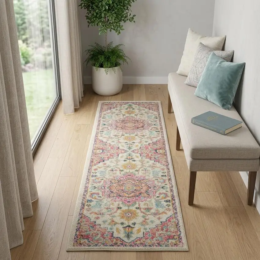 6' Pink And Ivory Southwestern Distressed Runner Rug Photo 1