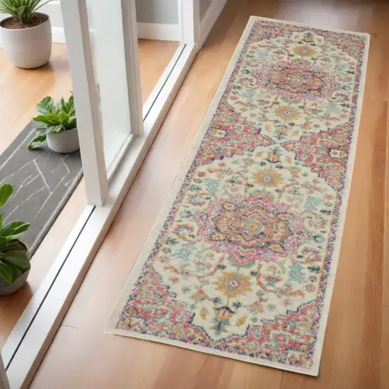 6' Pink And Ivory Southwestern Distressed Runner Rug Photo 2