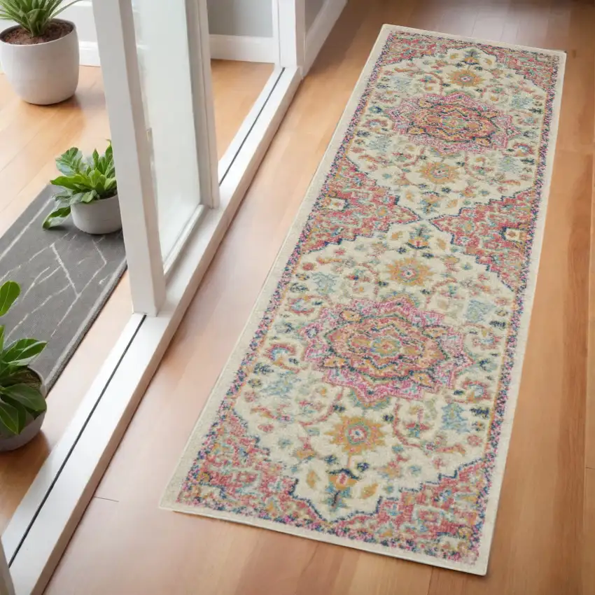 6' Pink And Ivory Southwestern Distressed Runner Rug Photo 2