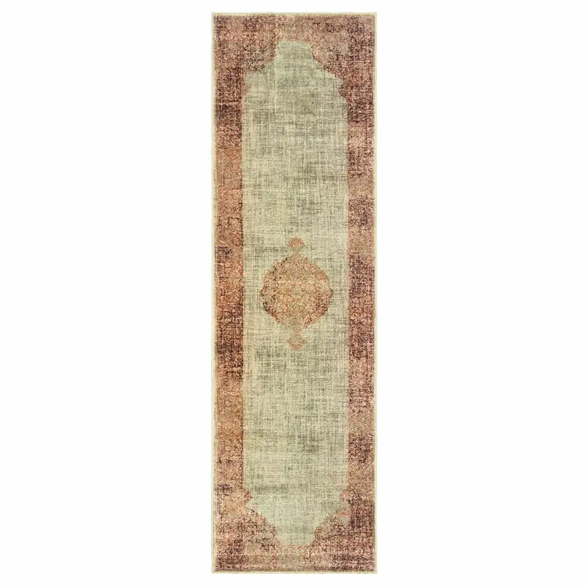 Ivory and Pink Medallion Runner Rug Photo 1