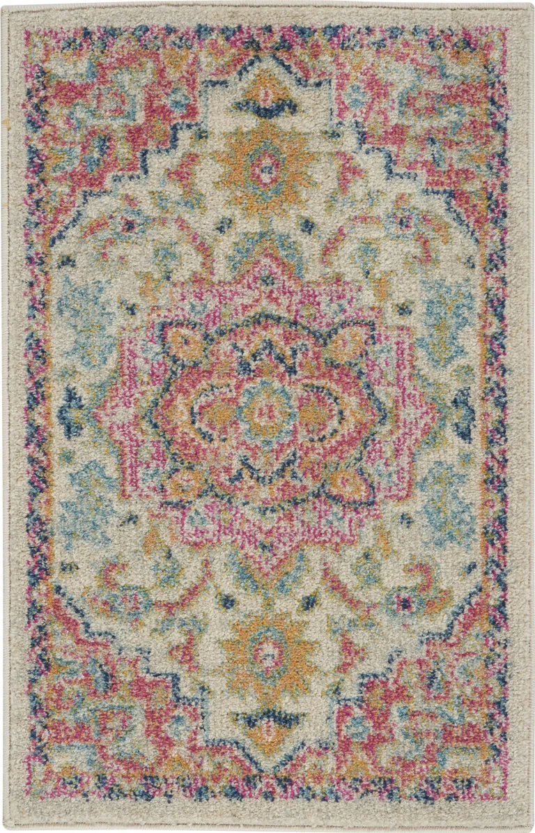 Ivory and Pink Medallion Scatter Rug Photo 2