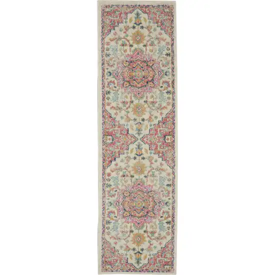 8' Pink And Ivory Southwestern Distressed Runner Rug Photo 9