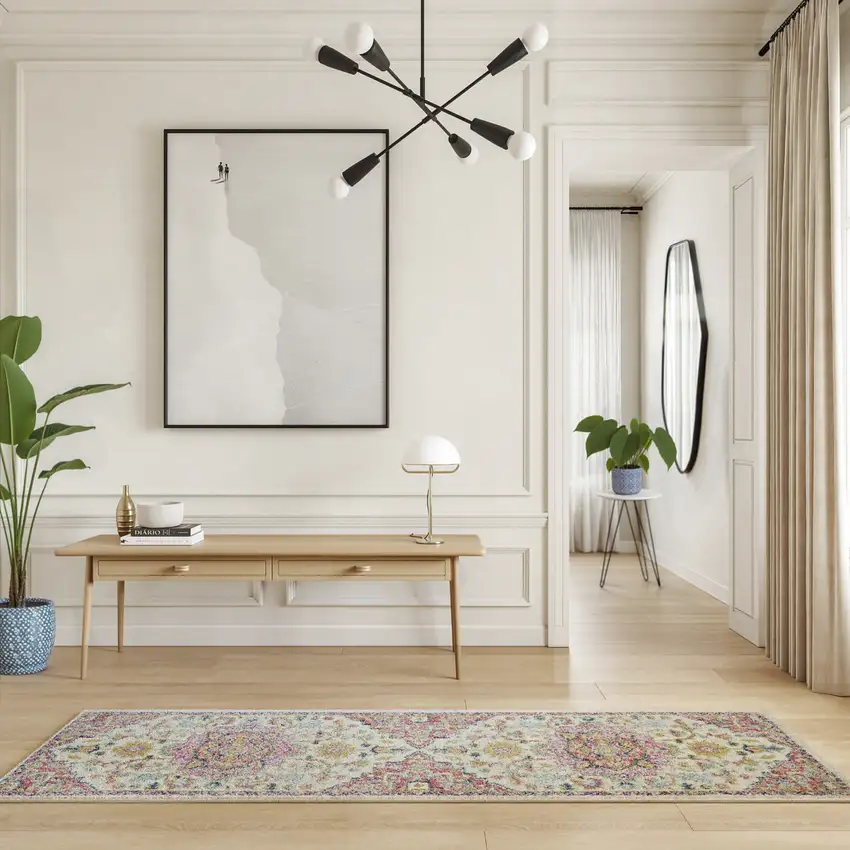 8' Pink And Ivory Southwestern Distressed Runner Rug Photo 6