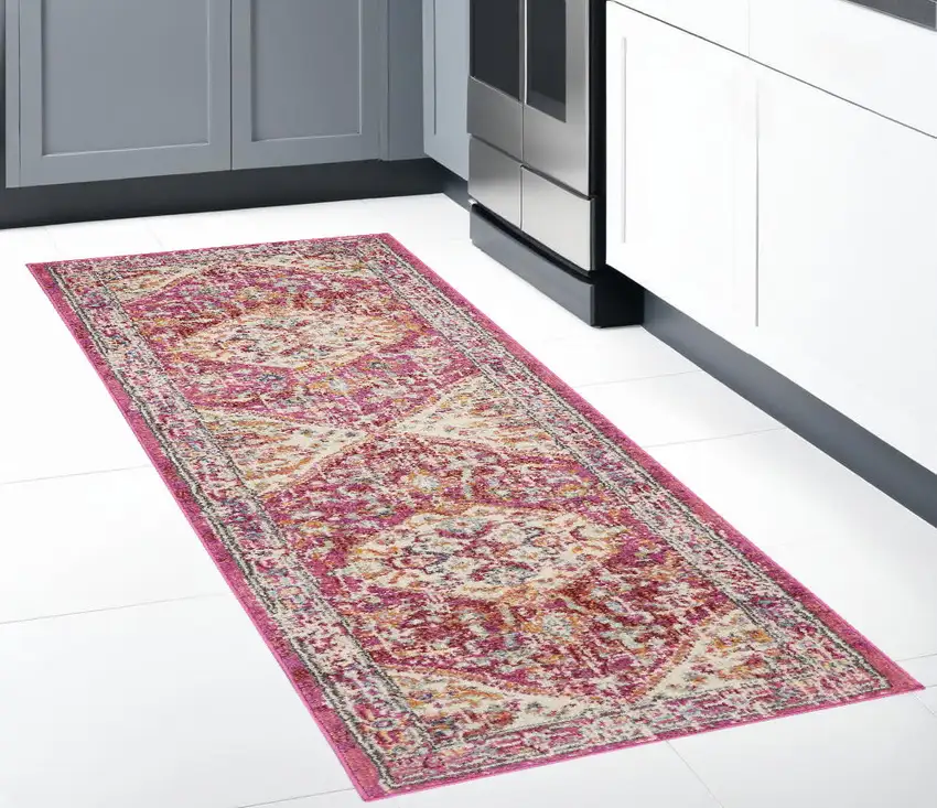 8' Pink And Ivory Power Loom Runner Rug Photo 1