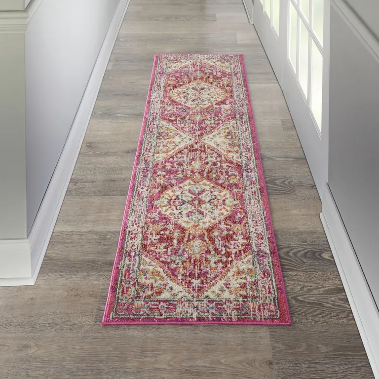 Ivory and Pink Oriental Runner Rug Photo 5