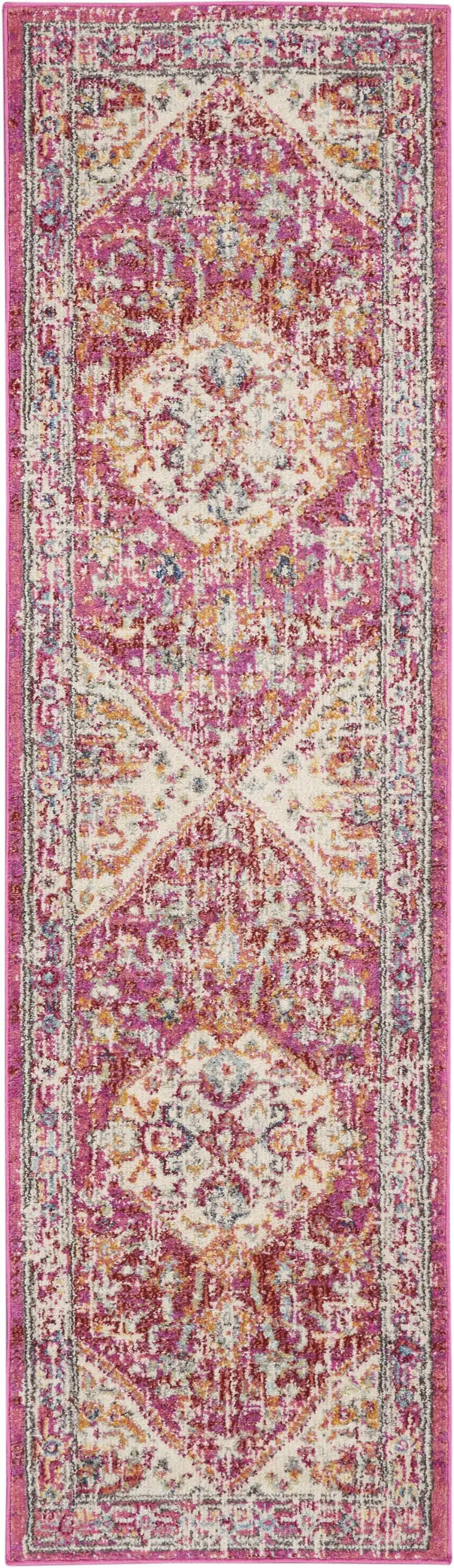 Ivory and Pink Oriental Runner Rug Photo 1