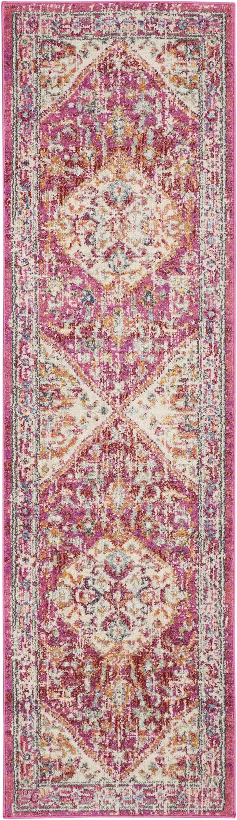 Ivory and Pink Oriental Runner Rug Photo 1