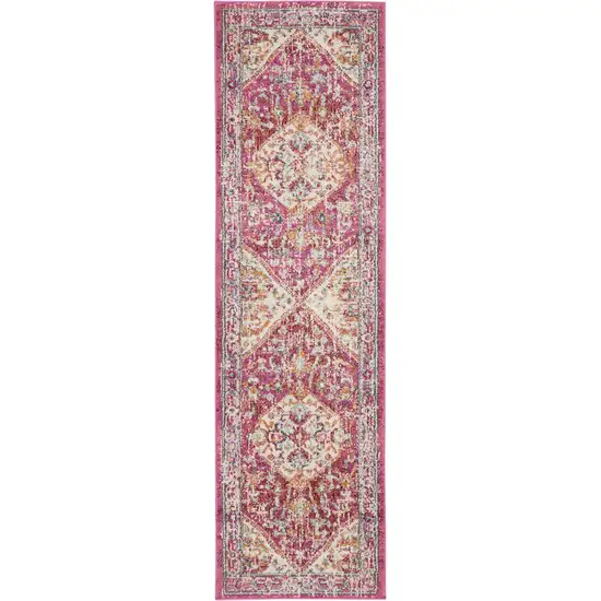 Ivory and Pink Oriental Runner Rug Photo 1