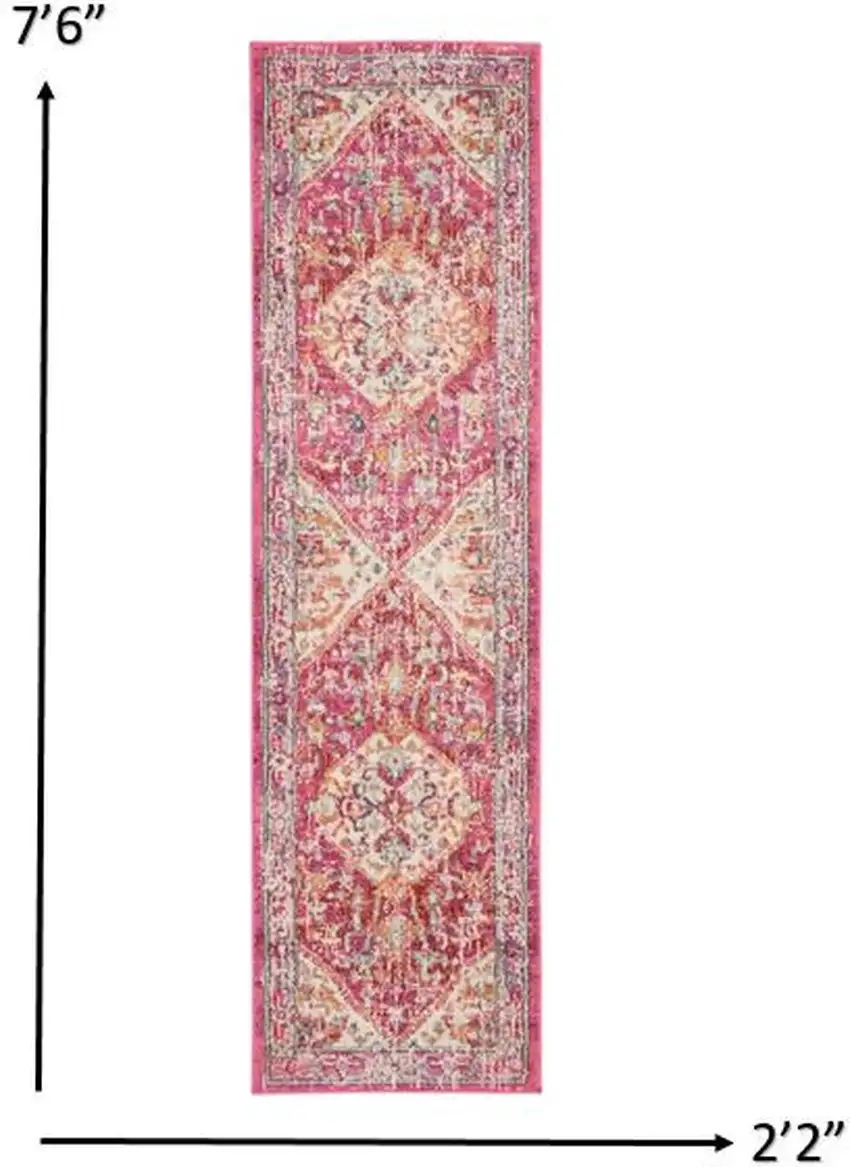 Ivory and Pink Oriental Runner Rug Photo 4
