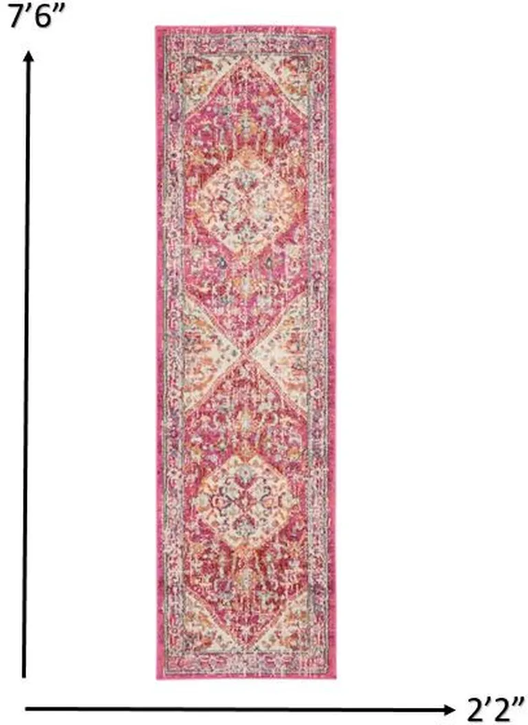 Ivory and Pink Oriental Runner Rug Photo 4