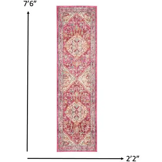 Ivory and Pink Oriental Runner Rug Photo 4