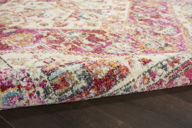 Ivory and Pink Oriental Runner Rug Photo 3