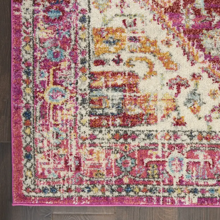 Ivory and Pink Oriental Runner Rug Photo 2