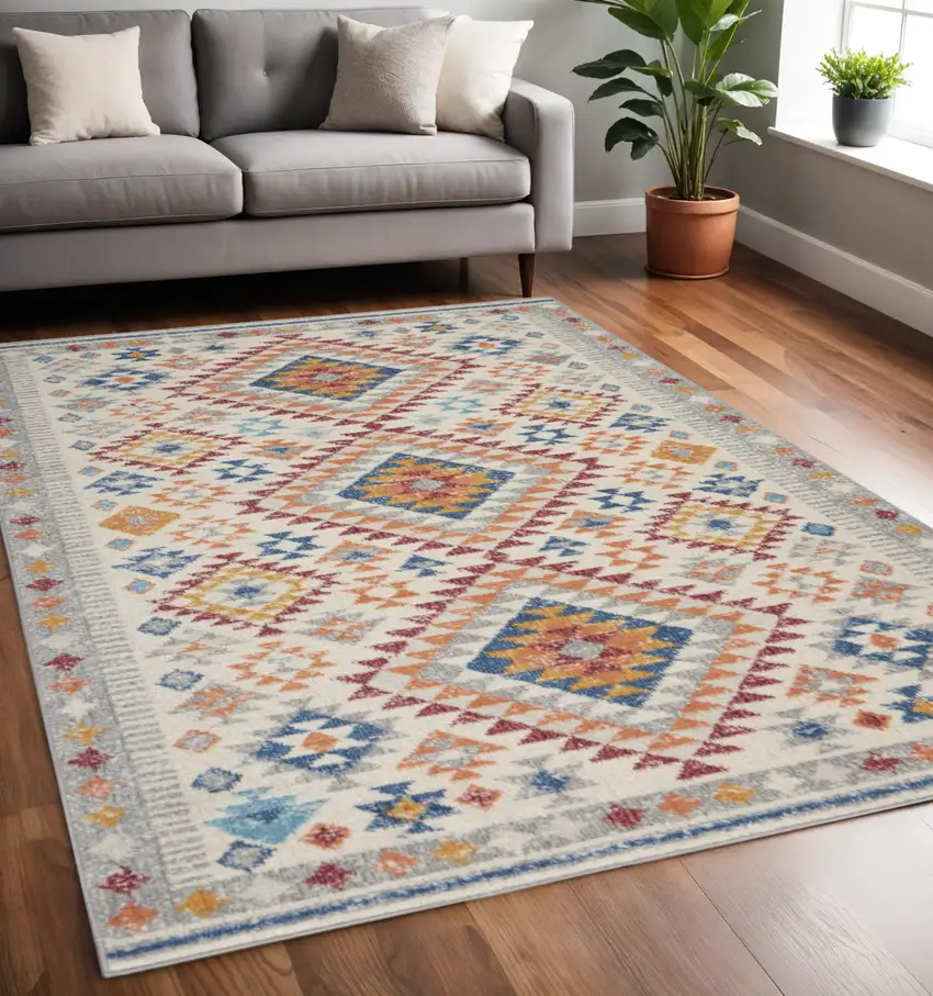 Ivory And Blue Geometric Area Rug Photo 2
