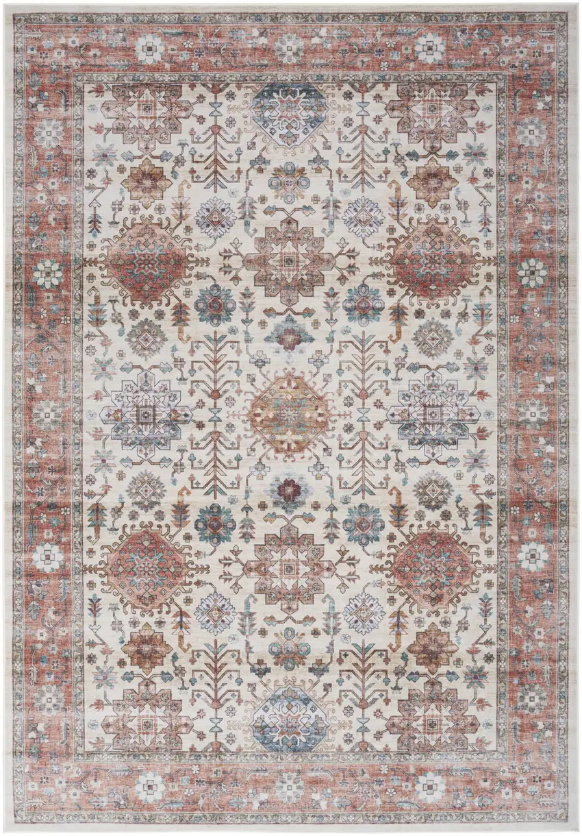 Ivory and Red Floral Distressed Non Skid Area Rug Photo 9