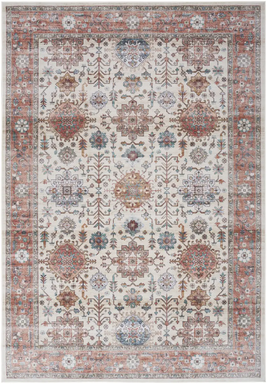 Ivory and Red Floral Distressed Non Skid Area Rug Photo 2