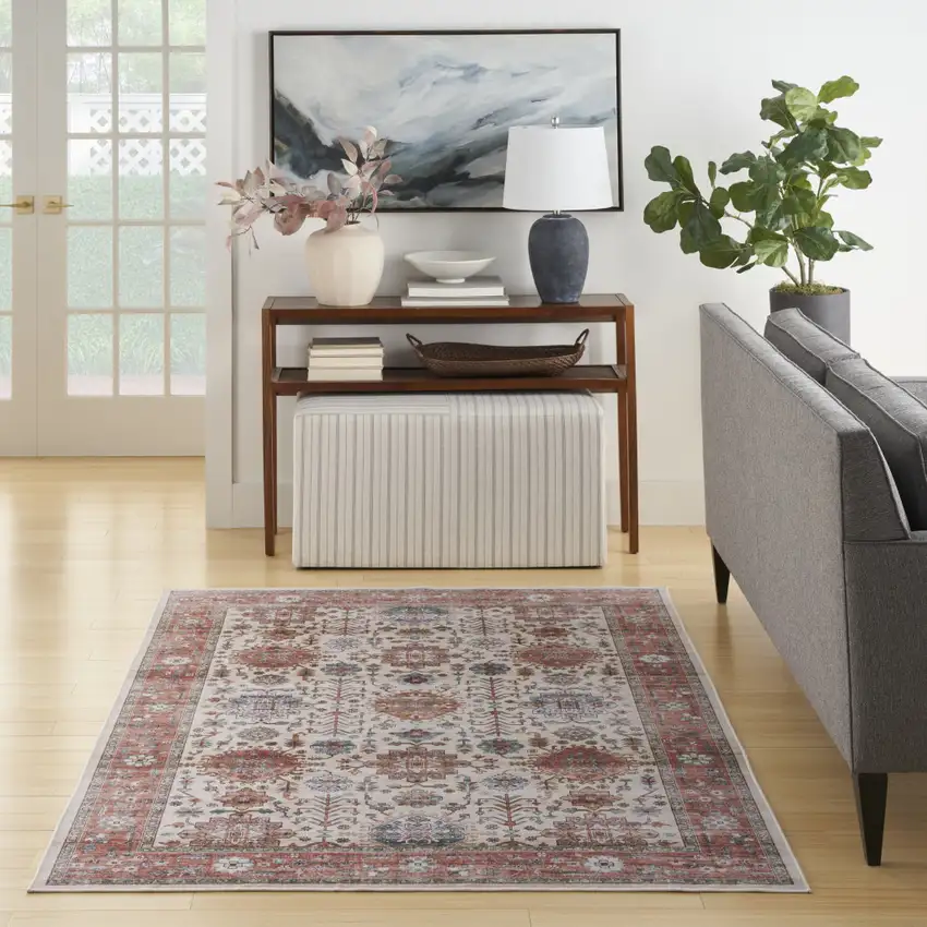Ivory and Red Floral Distressed Non Skid Area Rug Photo 5