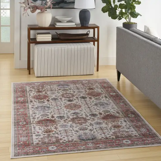 Ivory and Red Floral Distressed Non Skid Area Rug Photo 4