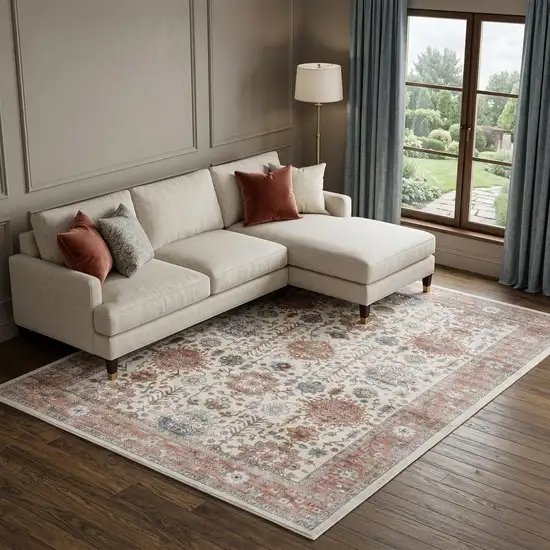 Ivory and Red Floral Distressed Non Skid Area Rug Photo 1