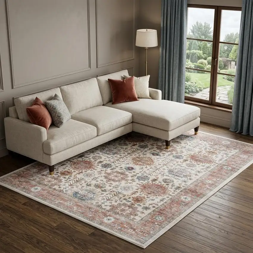 Ivory and Red Floral Distressed Non Skid Area Rug Photo 1