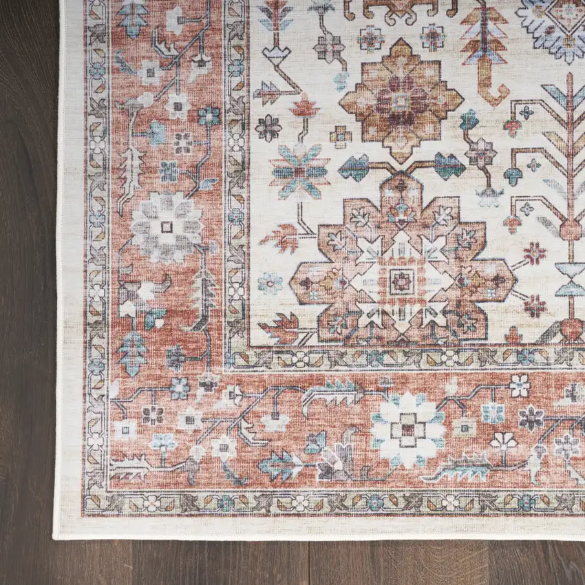 Ivory and Red Floral Distressed Non Skid Area Rug Photo 7