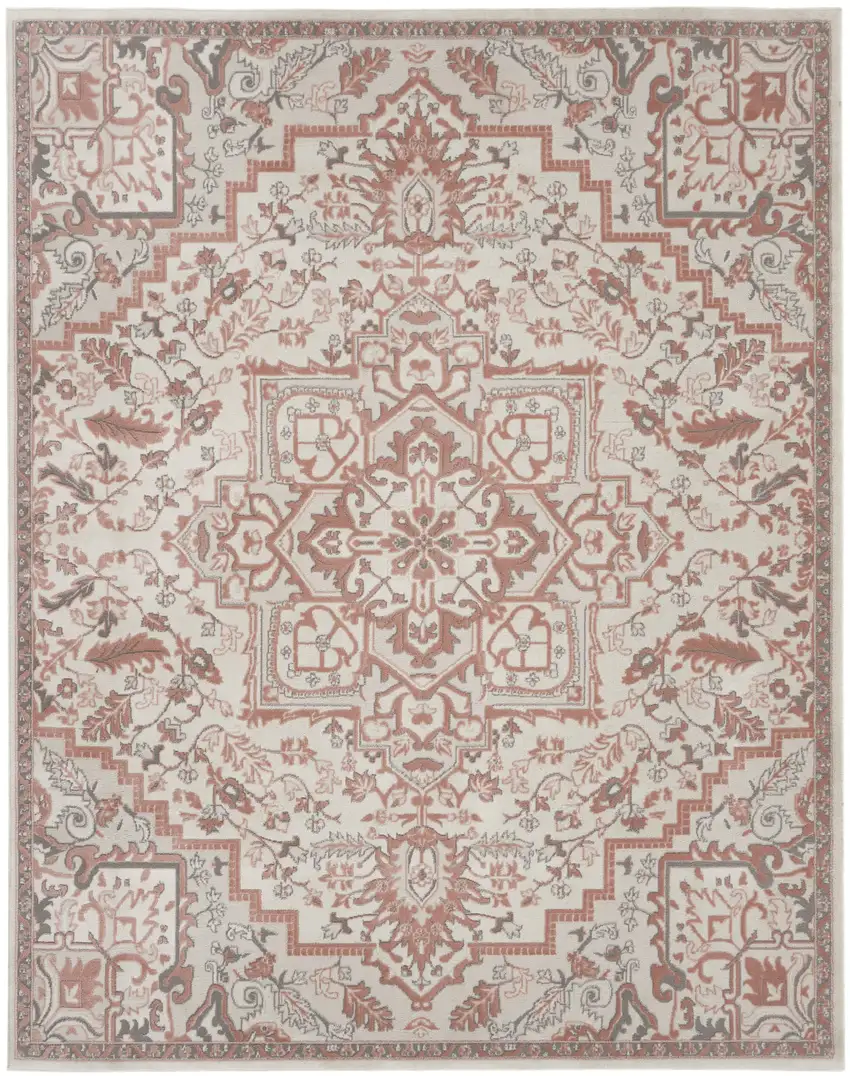 Ivory and Red Floral Medallion Non Skid Area Rug Photo 2