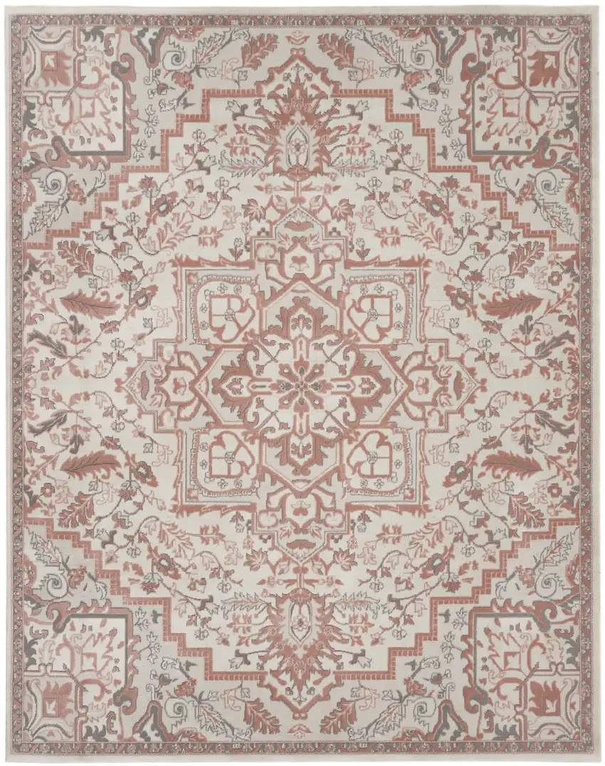 Ivory and Red Floral Medallion Non Skid Area Rug Photo 1