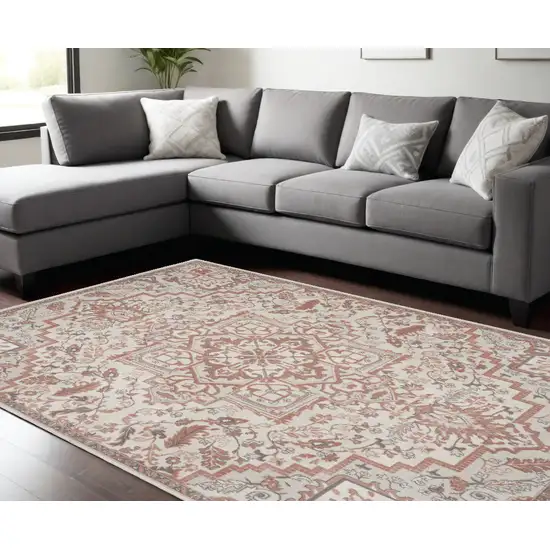 Ivory and Red Floral Medallion Non Skid Area Rug Photo 1
