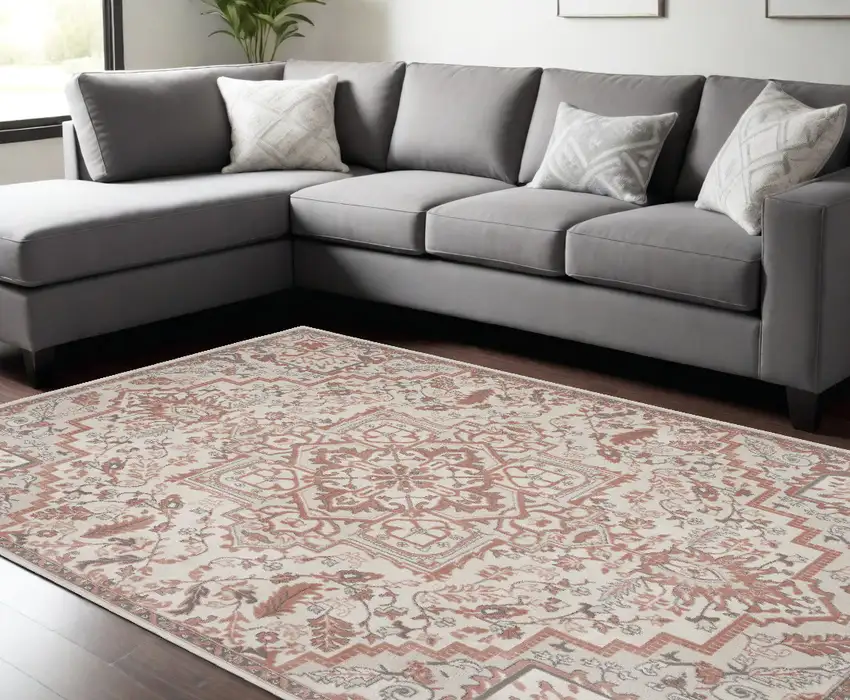 Ivory and Red Floral Medallion Non Skid Area Rug Photo 1