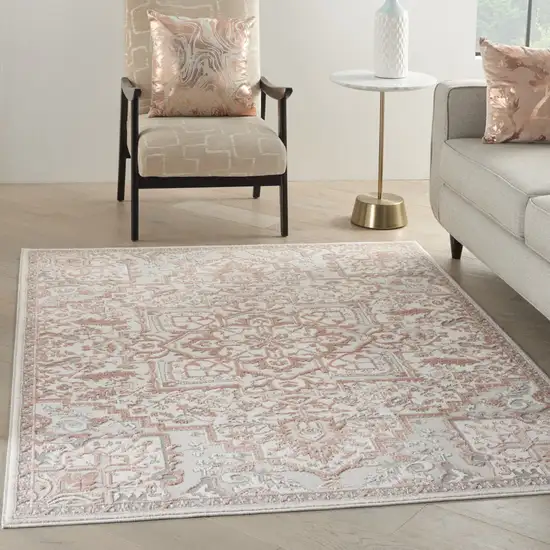 Ivory and Red Floral Medallion Non Skid Area Rug Photo 3