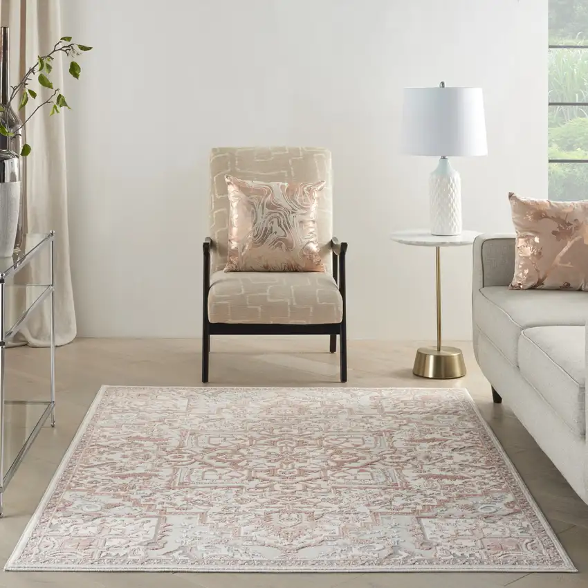 Ivory and Red Floral Medallion Non Skid Area Rug Photo 4