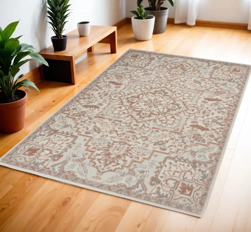 Ivory and Red Floral Medallion Non Skid Area Rug Photo 1