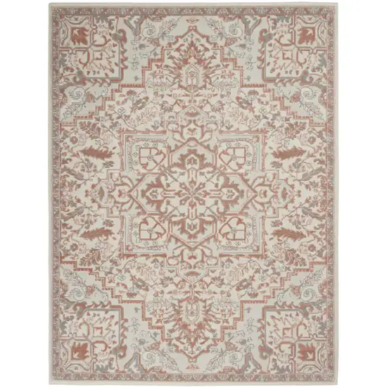 Ivory and Red Floral Medallion Non Skid Area Rug Photo 1