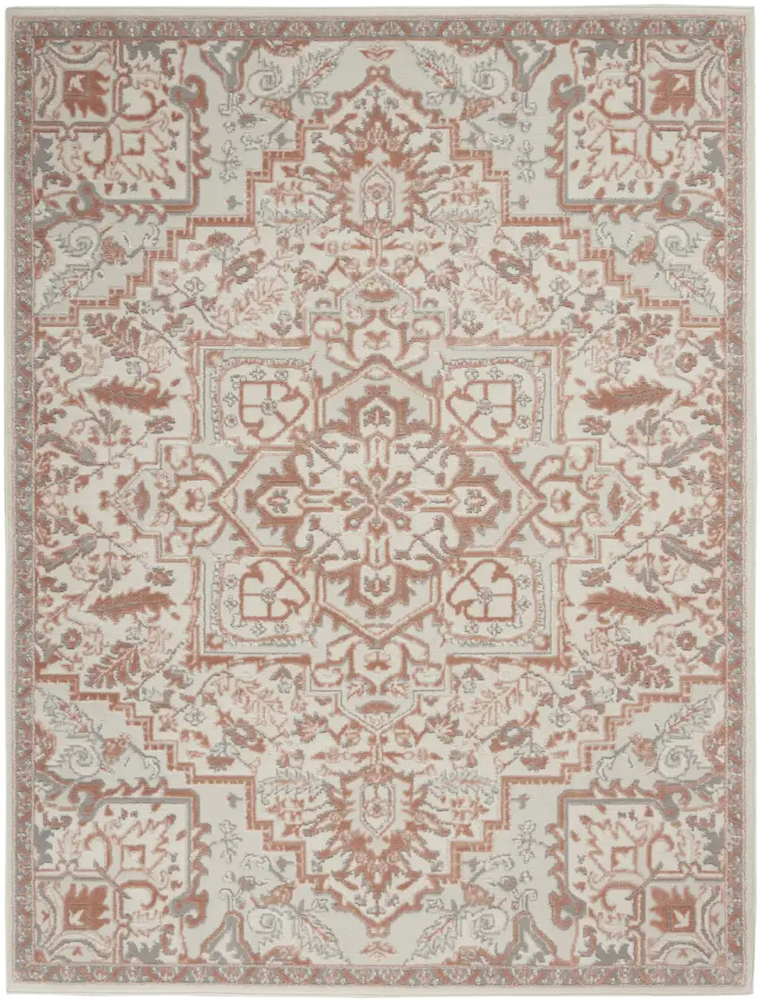 Ivory and Red Floral Medallion Non Skid Area Rug Photo 1