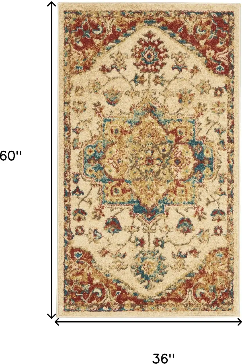 Ivory and Red Floral Medallion Power Loom Area Rug Photo 3