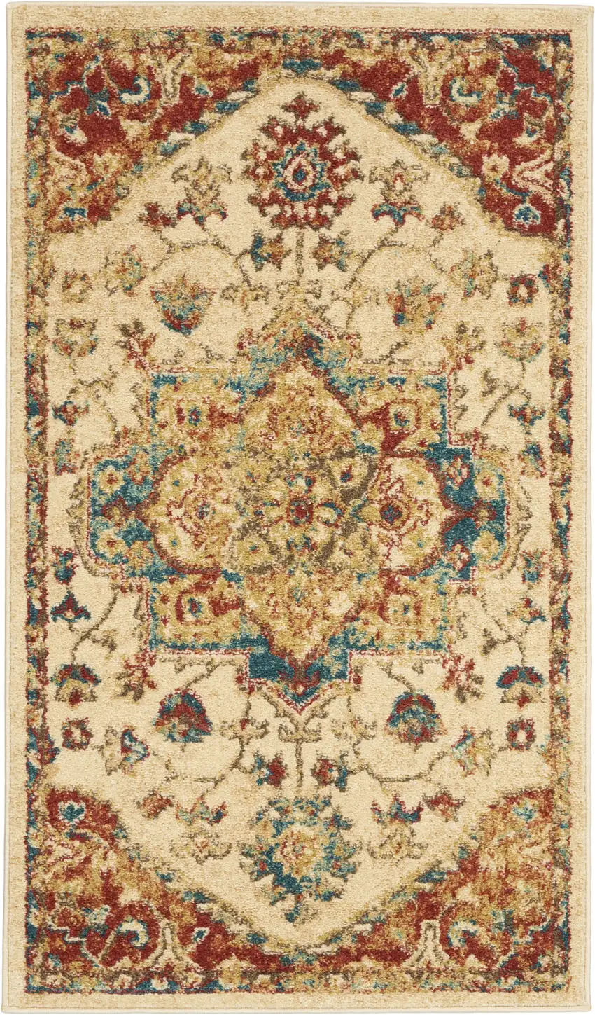 Ivory and Red Floral Medallion Power Loom Area Rug Photo 2