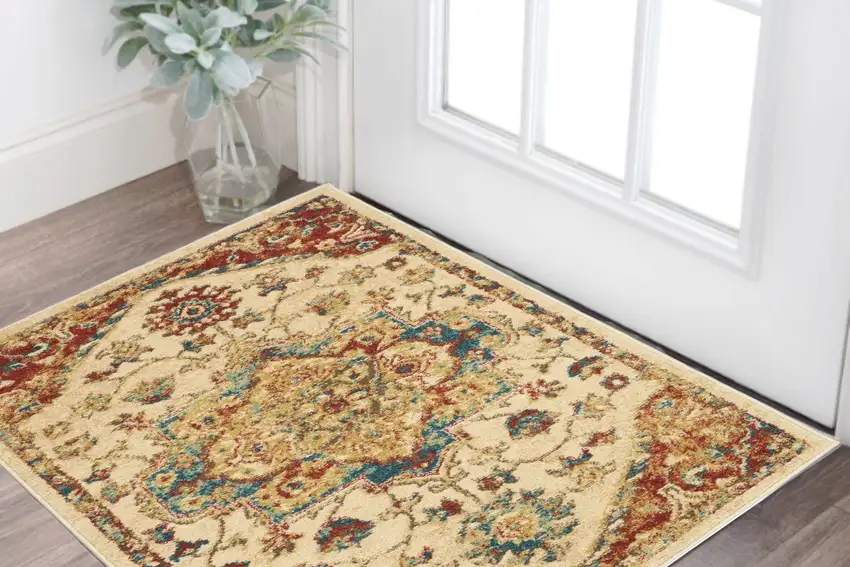 Ivory and Red Floral Medallion Power Loom Area Rug Photo 1