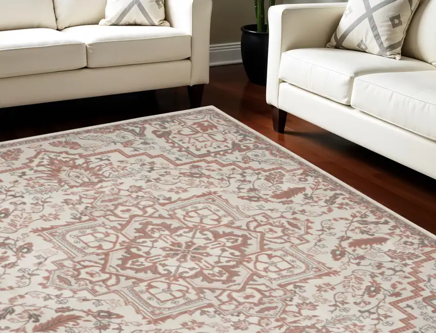 Ivory and Red Floral Non Skid Area Rug Photo 1