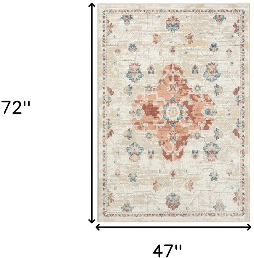 Ivory and Red Medallion Power Loom Area Rug Photo 3