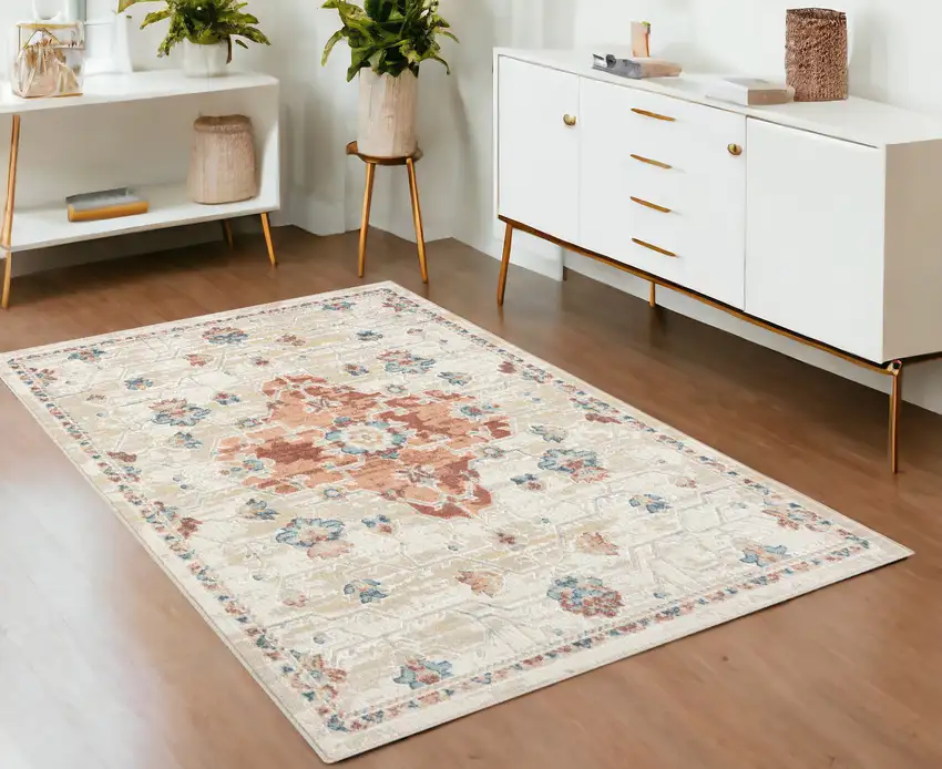 Ivory and Red Medallion Power Loom Area Rug Photo 1
