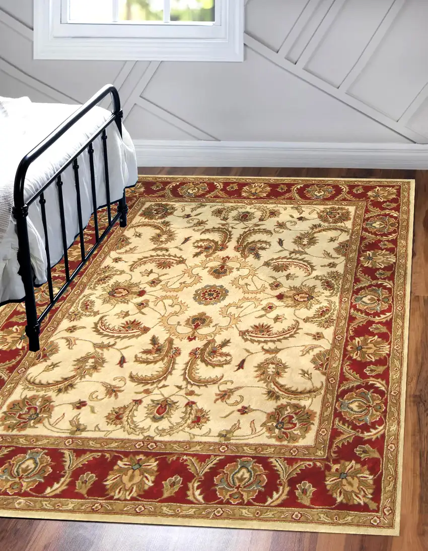 Ivory and Red Oriental Hand Tufted Non Skid Area Rug Photo 8