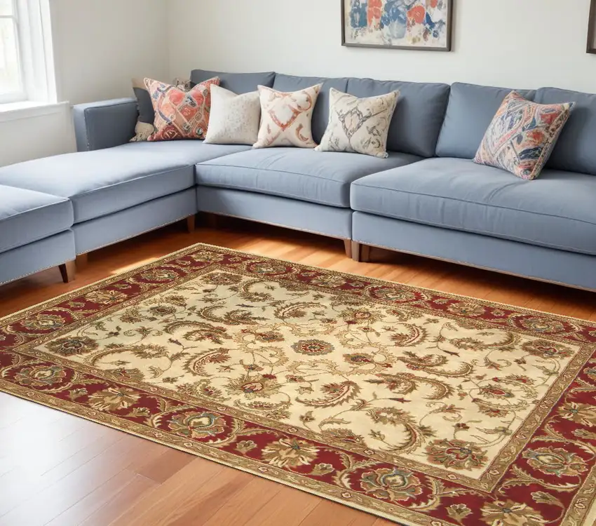 Ivory and Red Oriental Hand Tufted Non Skid Area Rug Photo 1