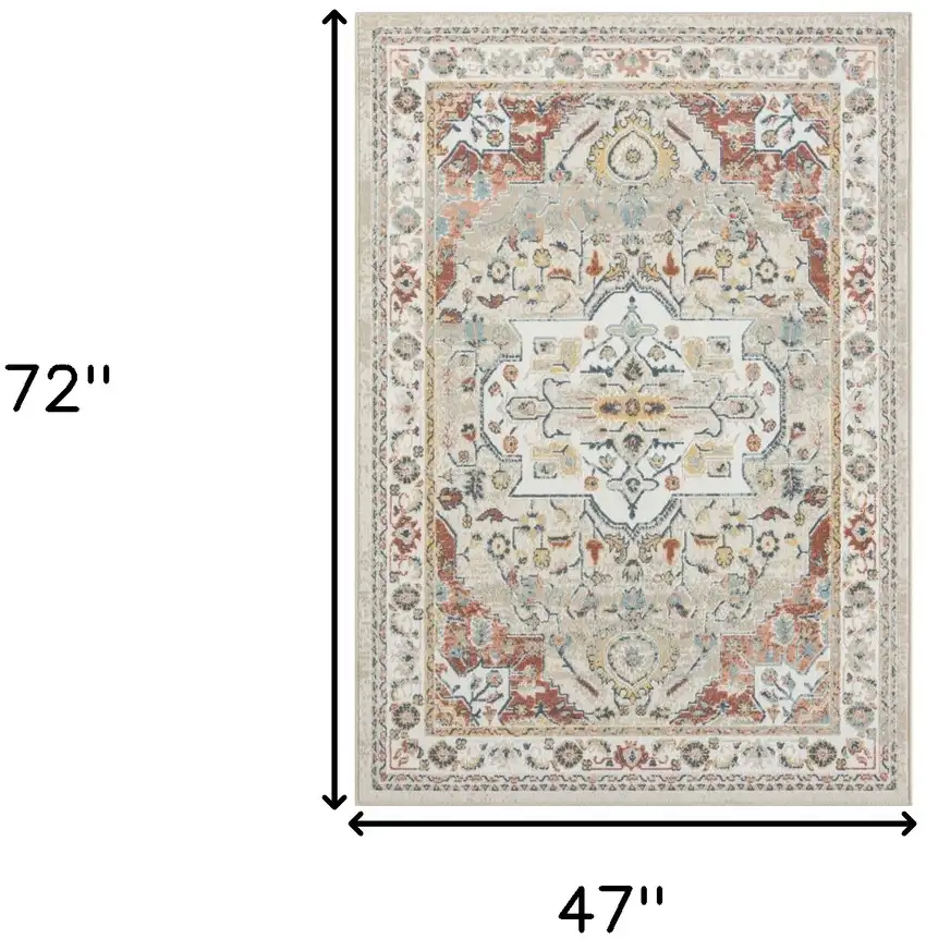 Ivory and Red Oriental Power Loom Area Rug Photo 3
