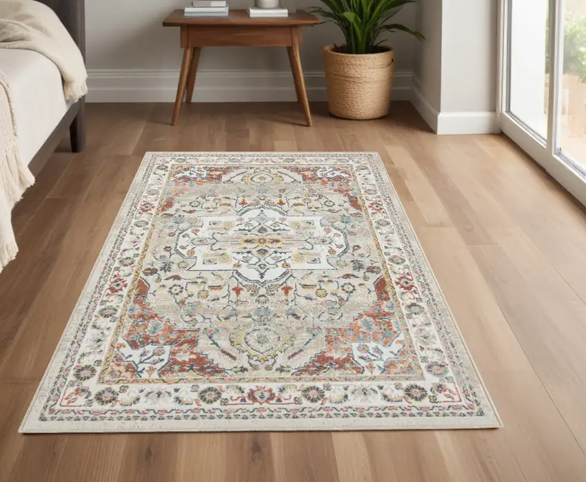 Ivory and Red Oriental Power Loom Area Rug Photo 1